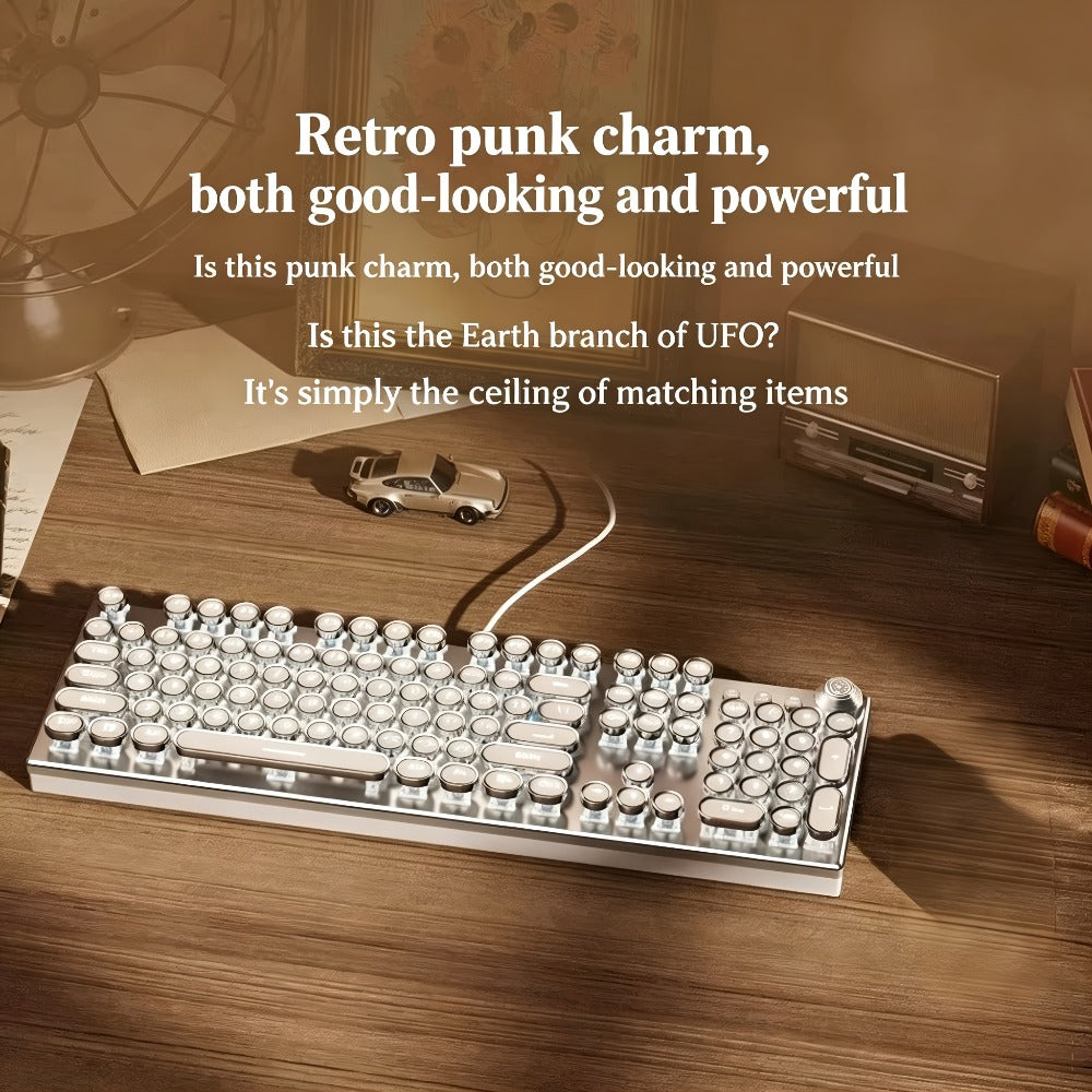 Steampunk Typewriter Mechanical Keyboard with Blue Switches – Retro Old-Fashioned USB Wired Gaming & Office Keyboard for Desktop Laptop PC
