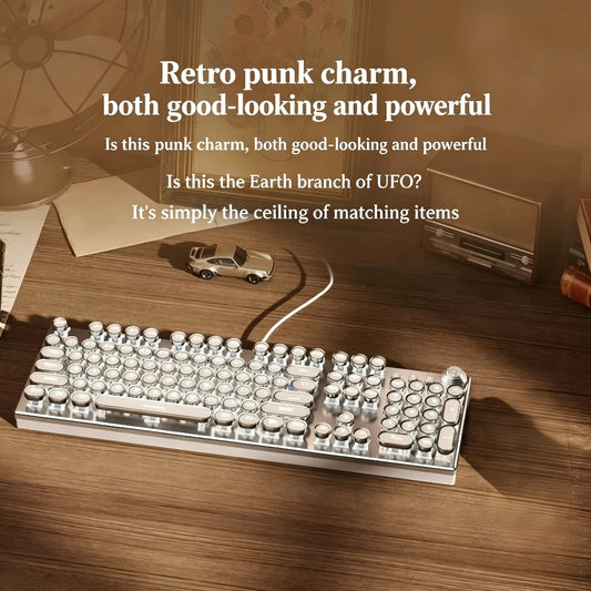 Steampunk Typewriter Mechanical Keyboard with Blue Switches – Retro Old-Fashioned USB Wired Gaming & Office Keyboard for Desktop Laptop PC