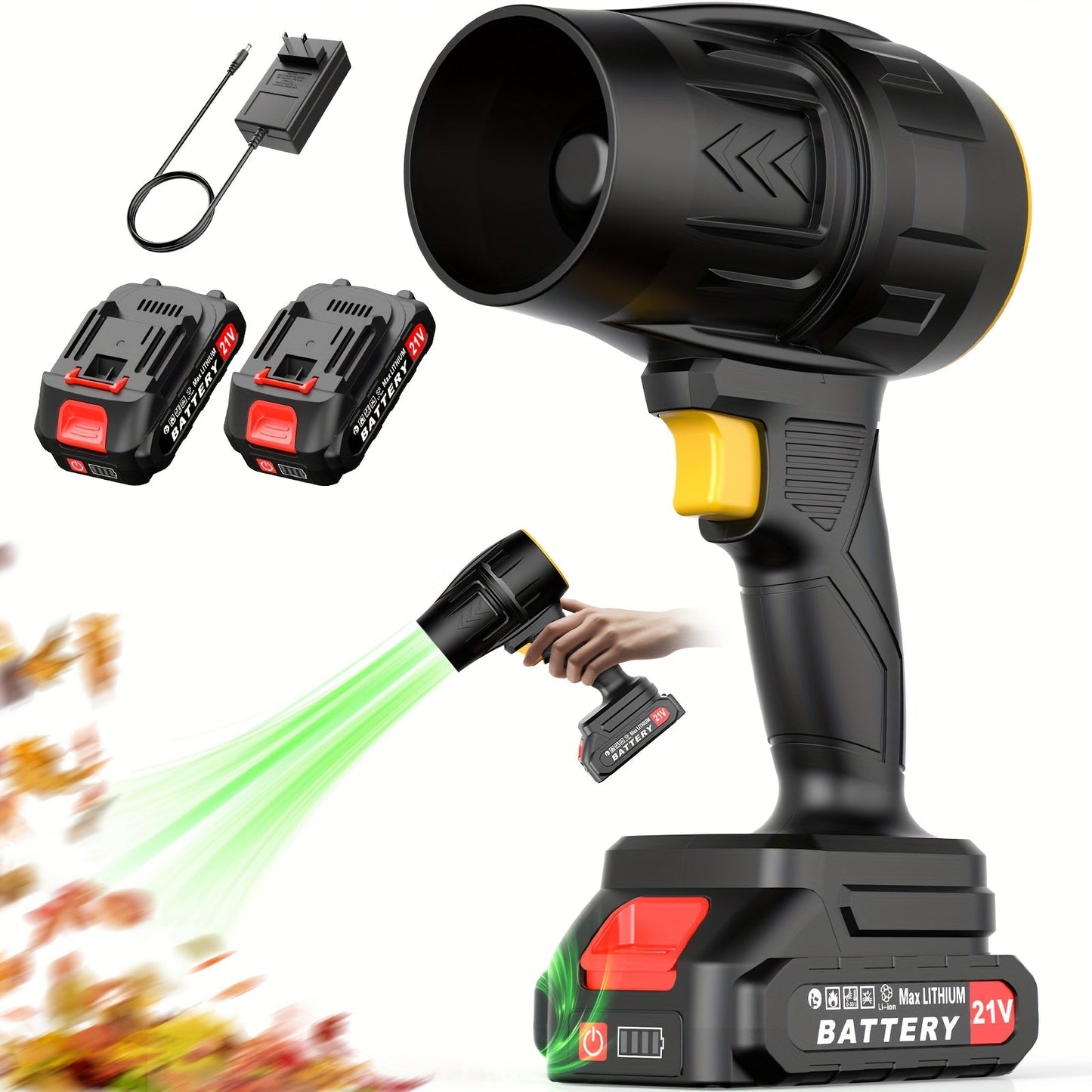 21V Cordless Leaf Blower in Black with 40, 000 RPM Marking, Two Battery Packs, Charger Cable and Nozzle Pieces