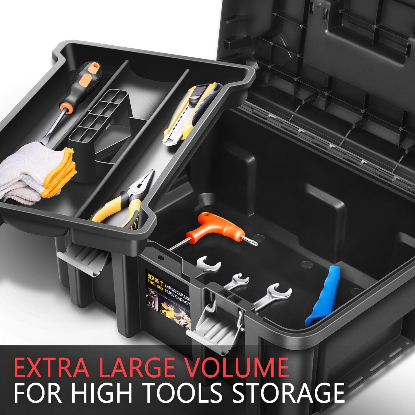 Tool Box Set 2-Piece Lockable – Large Capacity Portable Toolbox Organizer with Removable Tray, Double Lock Buckle, Hard Plastic