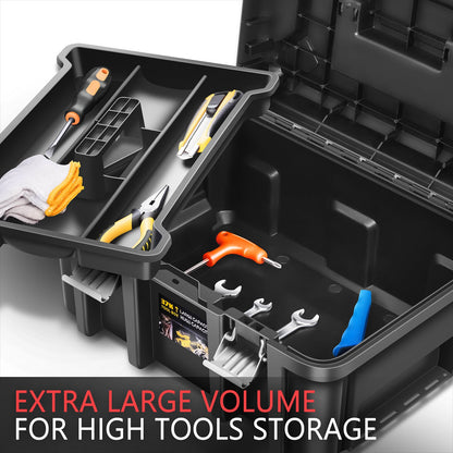 Tool Box Set 2-Piece Lockable – Large Capacity Portable Toolbox Organizer with Removable Tray, Double Lock Buckle, Hard Plastic