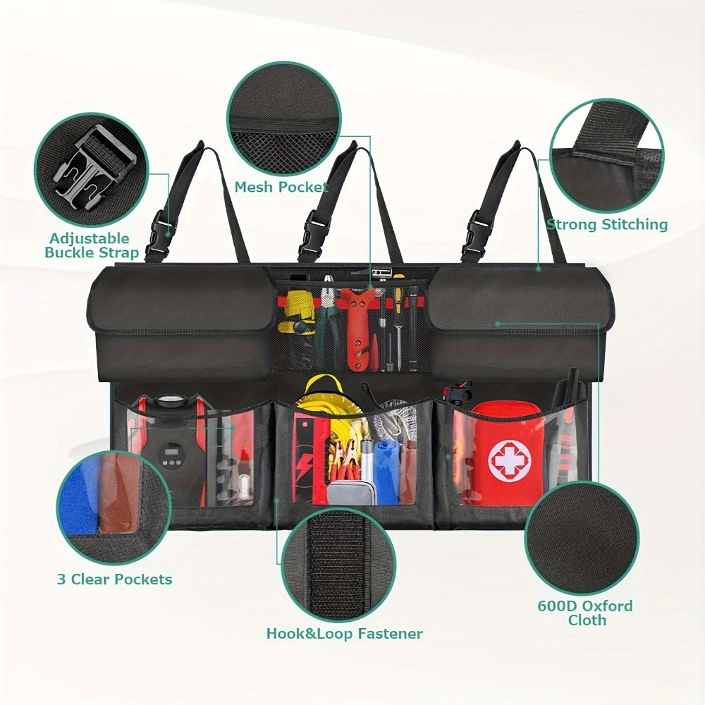 Car Trunk Organizer, 40 x 19 Inch Hanging Rear-Seat Bag with 6 Pockets and Three Adjustable Straps