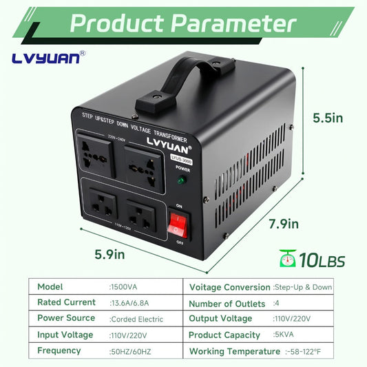 Voltage Converter Transformer 1500W Step Up Step Down - Converts 110V-120V to 220V-240V & Vice Versa