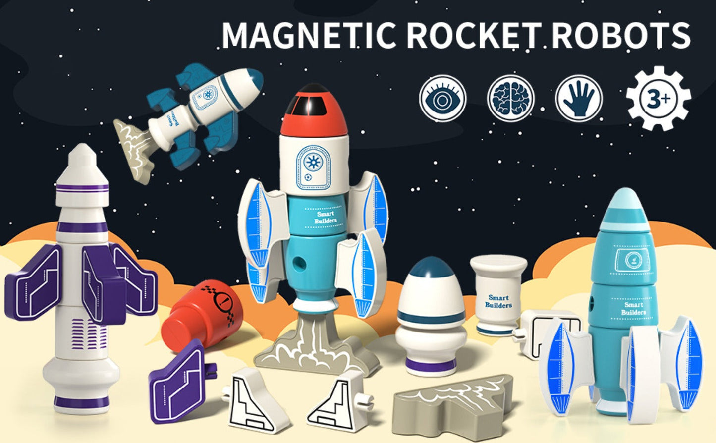Magnetic Robot Building Toy for Kids Ages 3-5, 33-Piece STEM Stacking Playset with Storage Box, Rocket Robot & Monster Styles