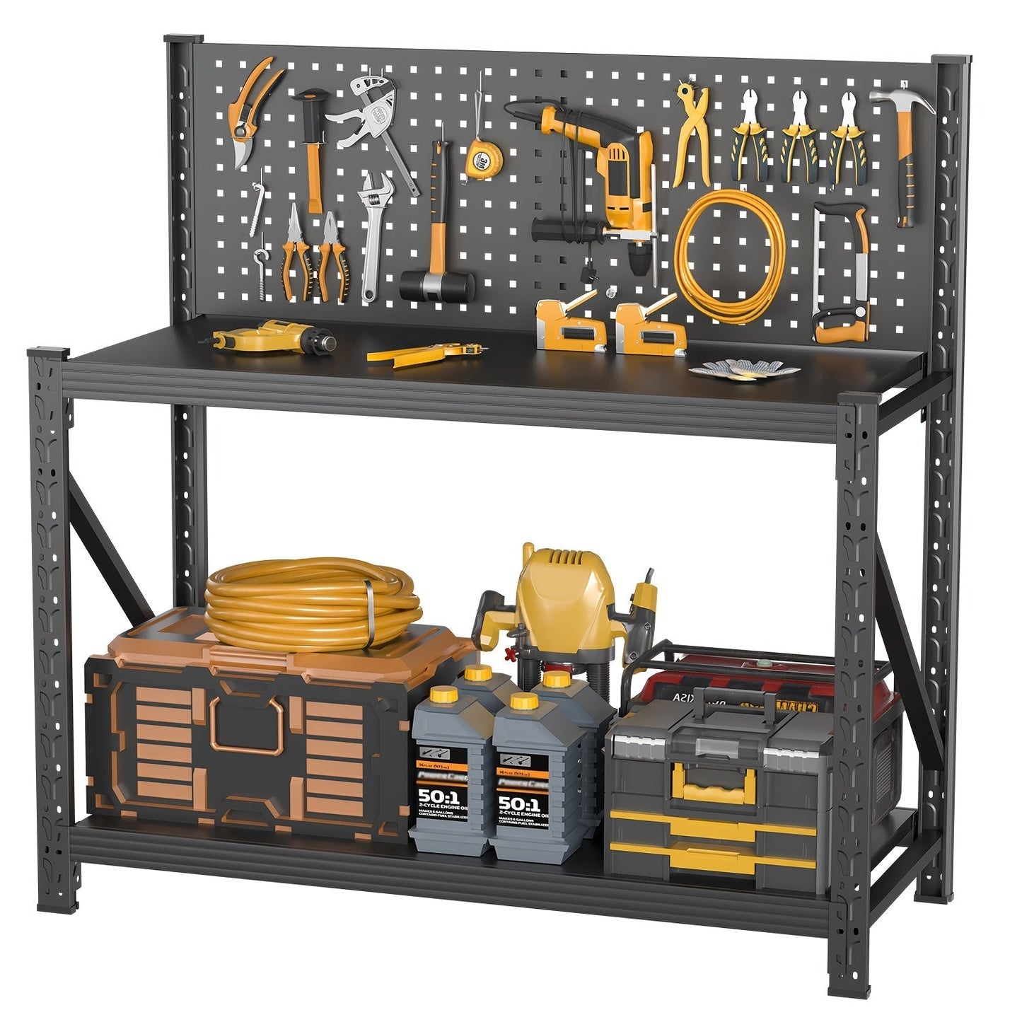 47-Inch Black Metal Workbench with Pegboard, Two Adjustable Shelves and 47.2 x 47.09 x 19-Inch Frame