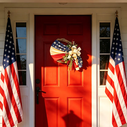 Patriotic 4th of July Door Wreath – Red White & Blue American Flag Wreath with Burlap Bow for Independence Day