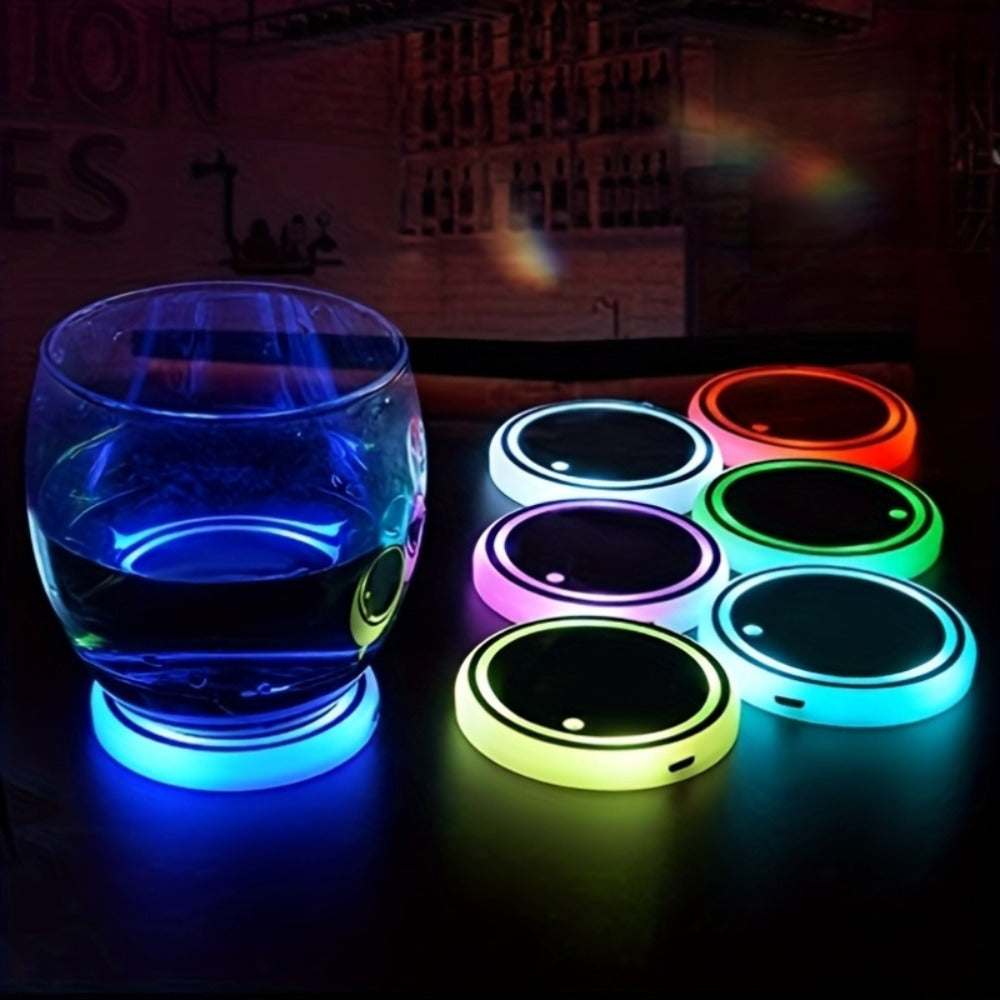 LED Neon Car Cup Holder Coasters – 7 Color USB Rechargeable Glowing Cup Mats, Ambient Light for Car Interior, Bar & Home Decor (Set of 2
