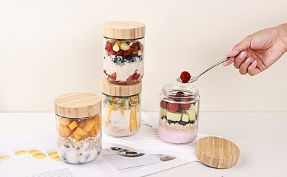 Glass Jar Food Storage Organizer with Bamboo Lids, Wide Mouths, Four-Pack 16oz or Six-Pack Spoon Sets