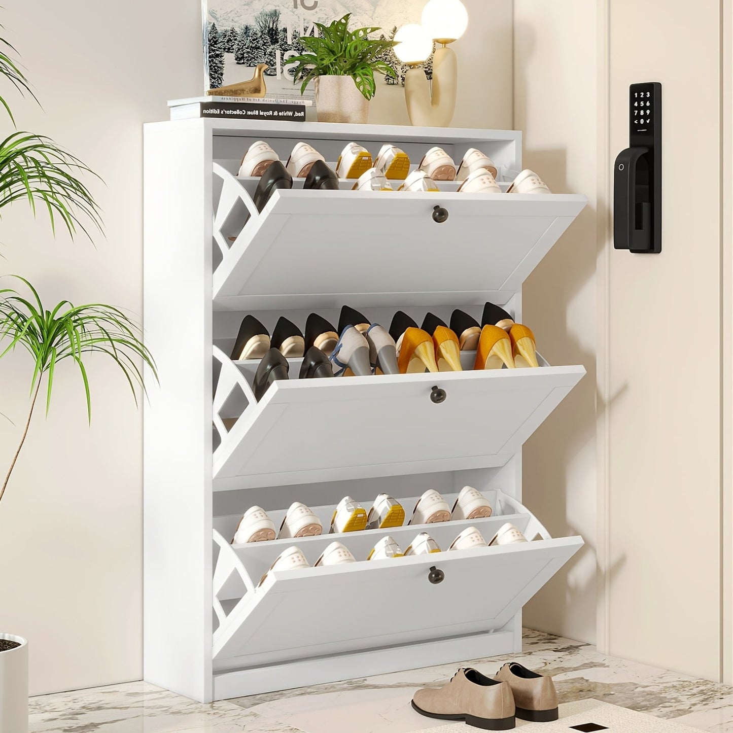 Shoe Cabinet shown in the White, 3 Drawers option