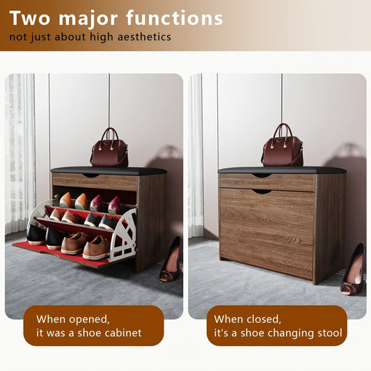 Shoe Cabinet, Bench with Leather Cushion 3-Layer Storage - Multifunctional Entryway Bench shown in the main product view