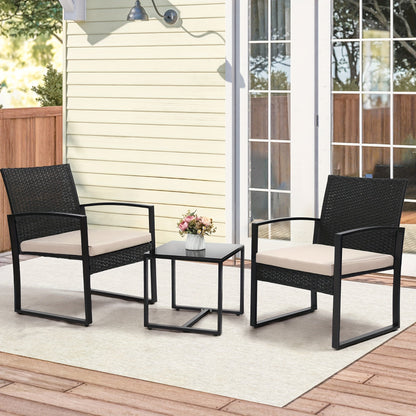 Outdoor Bistro Set shown in the Black Rattan Beige Mat option