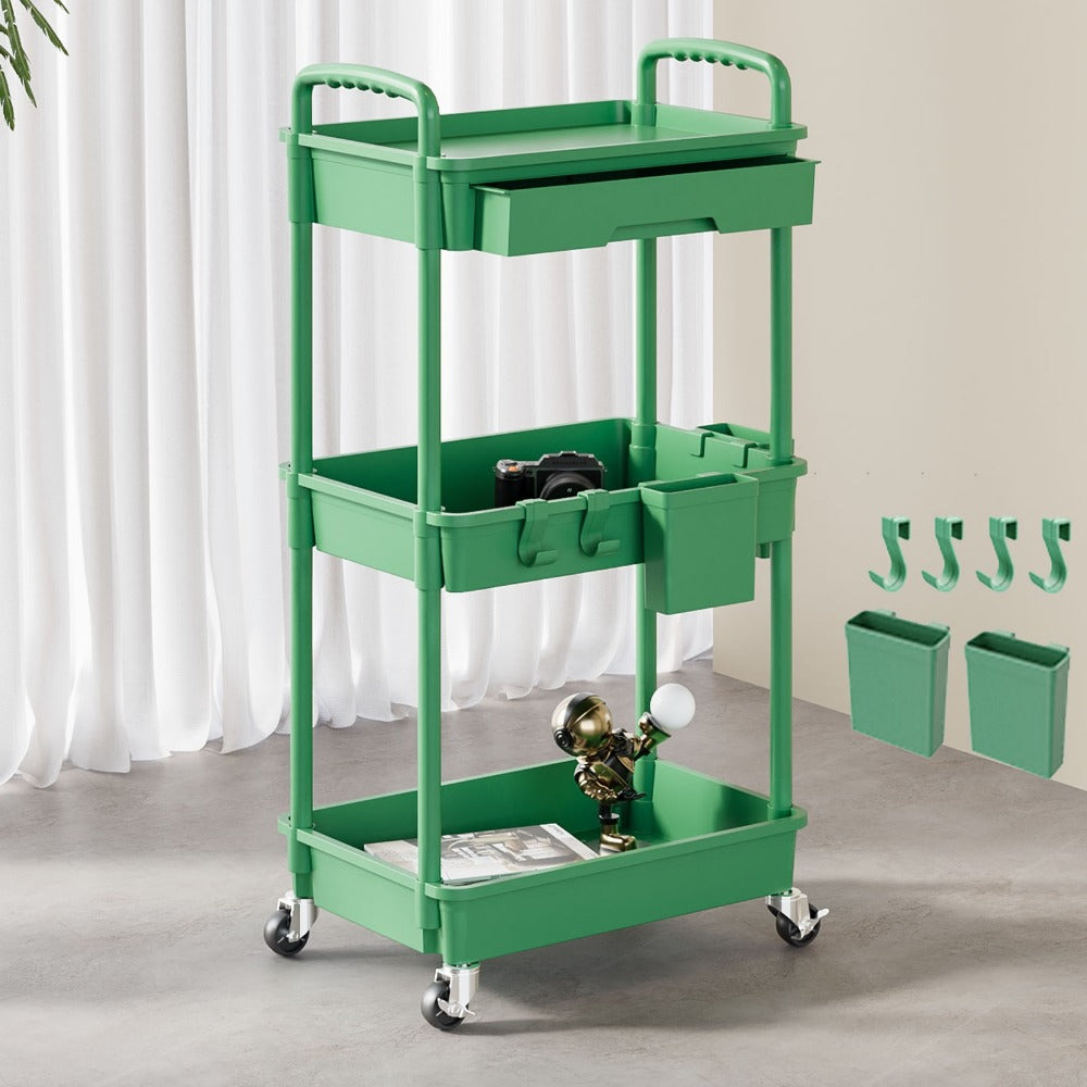 3-Tier 360° Rotating Rolling Utility Cart with Storage Drawers and 360° Swivel detail image - detail view 9