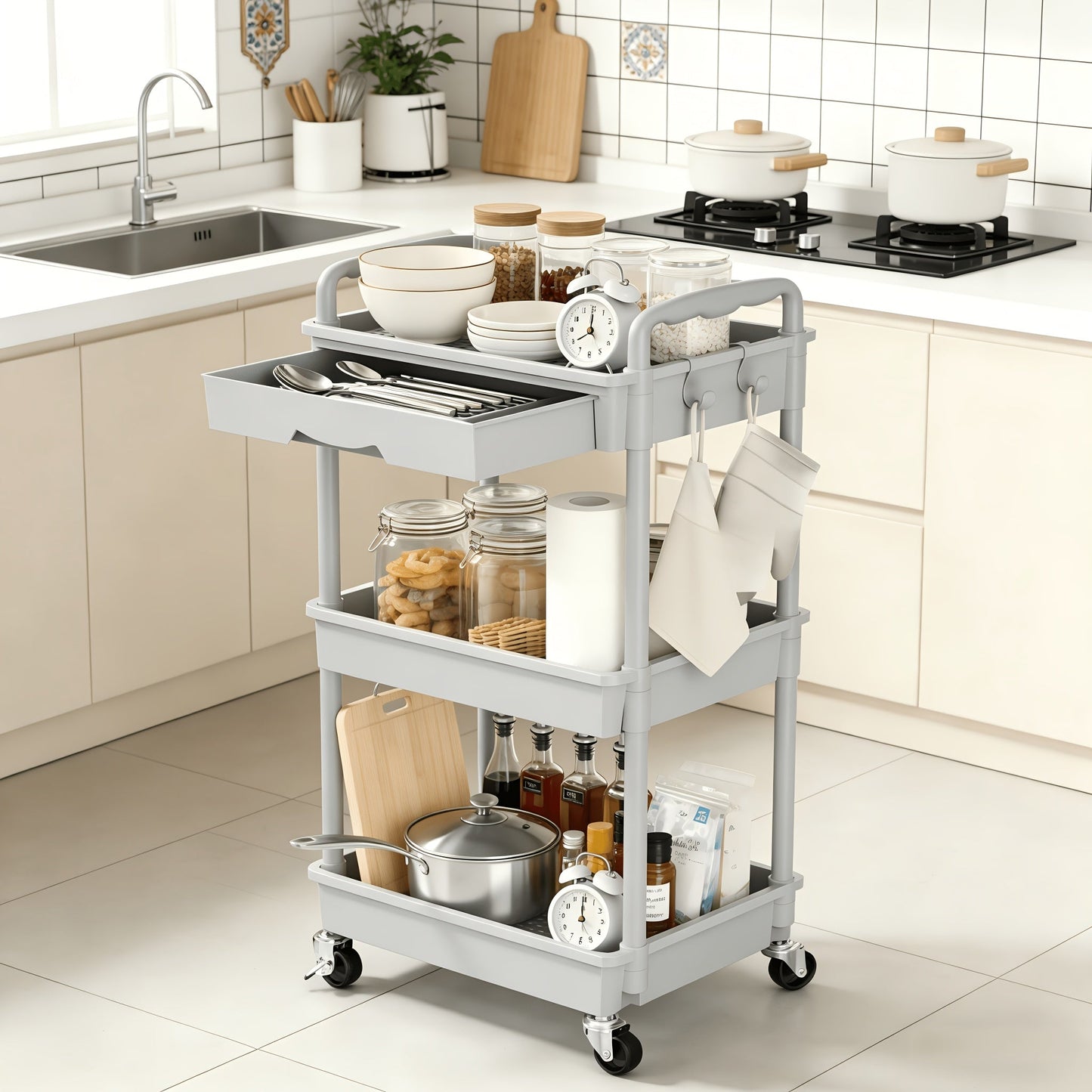 Rolling Utility Cart shown in the Gray, 3 Tiers option