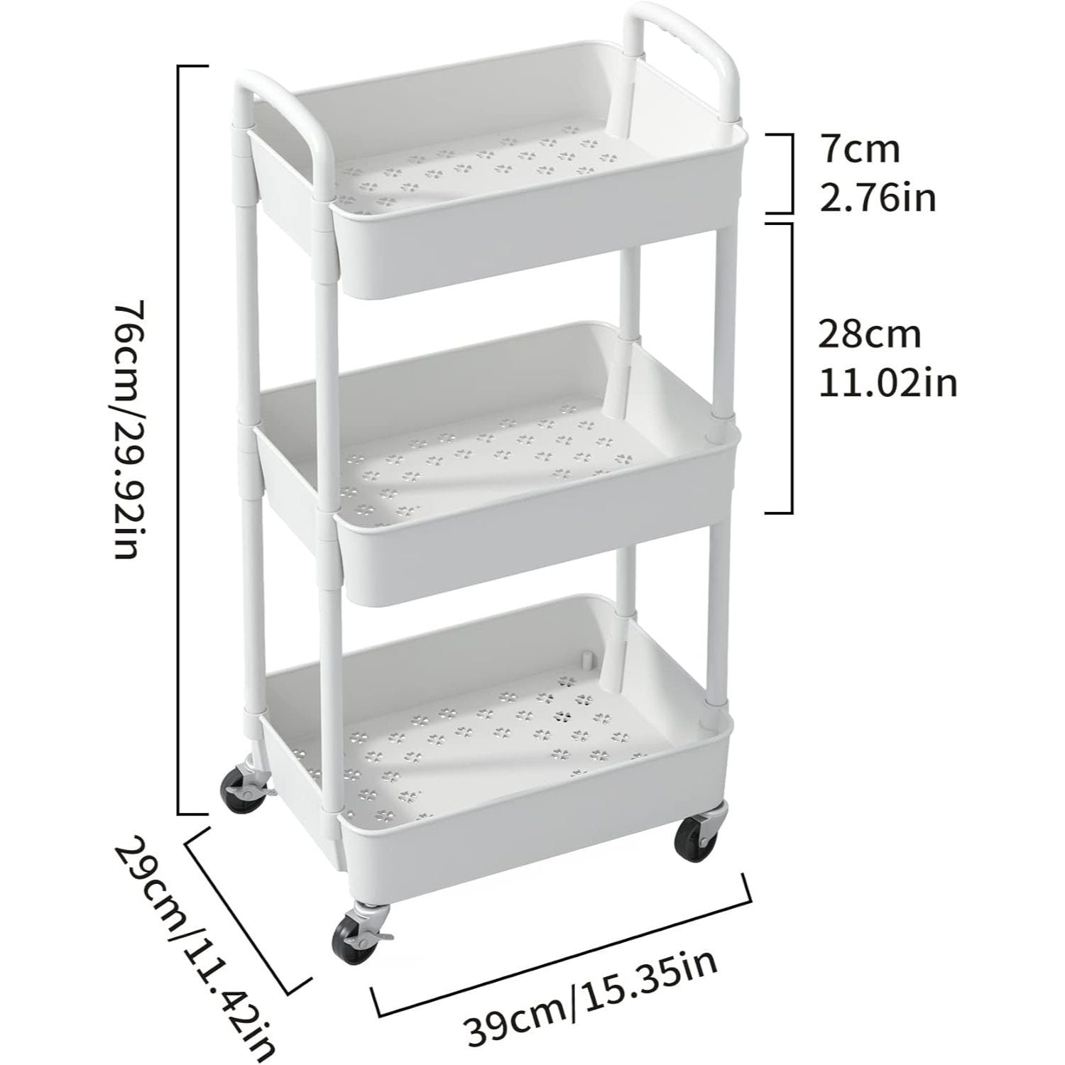 3-Tier Plastic Rolling Utility Cart with Carry Handle for Organized Everyday Storage detail image - detail view 7