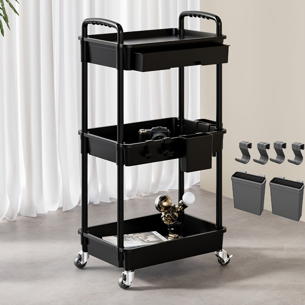 3-Tier Rolling Storage Cart with Storage Drawers and Locking Wheels for Living Room detail image - detail view 3