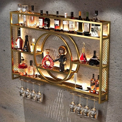 Wine Rack, Wall Mounted with LED Lighting, 3-Tier Floating Bottle & Glass Holder Shelf shown in the main product view