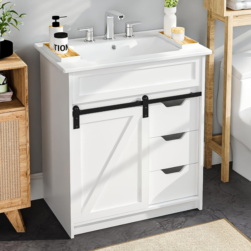 30-Inch Solid Wood Bathroom Vanity with Sliding Doors and Large-Capacity Storage detail image - detail view 9