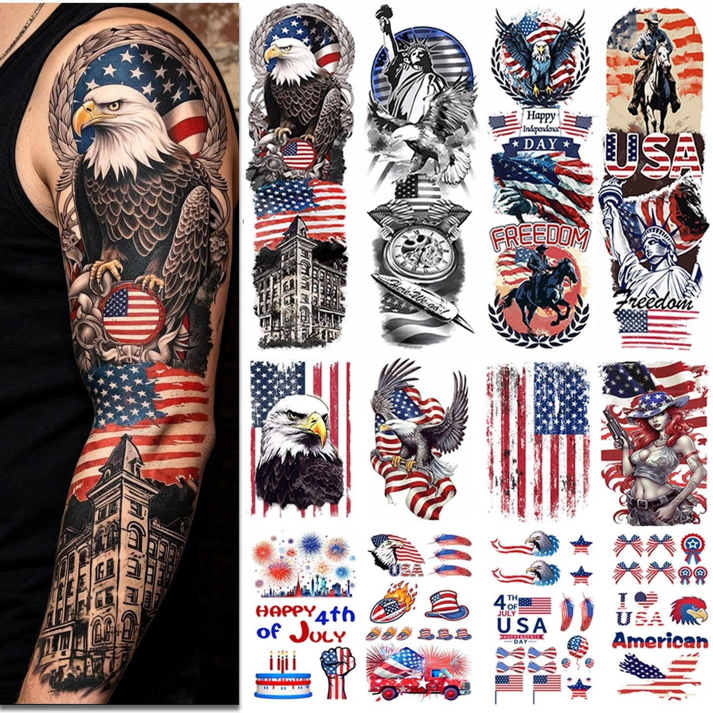 4th of July Temporary Tattoos 14 Sheets Patriotic American Flag Sleeve Tattoo Stickers Red White Blue