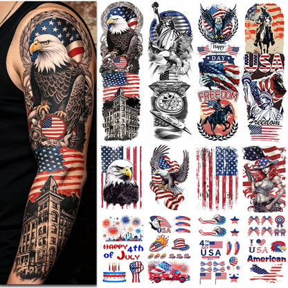 4th of July Temporary Tattoos 14 Sheets Patriotic American Flag Sleeve Tattoo Stickers Red White Blue