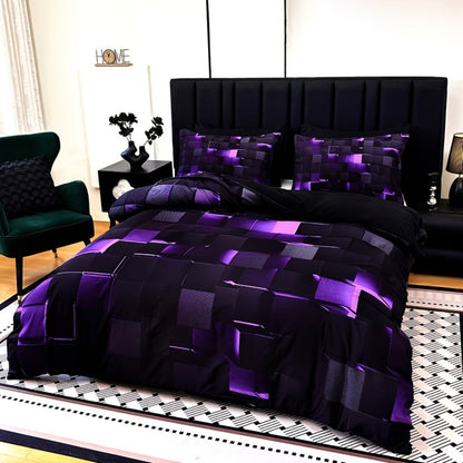 Duvet Cover Set 3 Piece Plaid Digital Print Polyester Bedding All Season Twin Full Queen King Size with Pillowcases Purple Blue Red