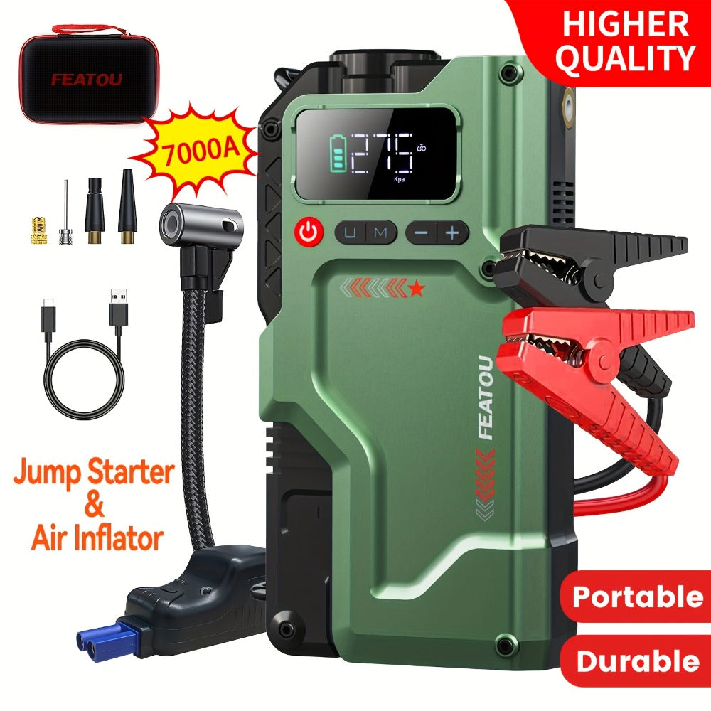 Jump Starter with Air Compressor 5000A/7000A Peak – 150PSI Digital Tire Inflator, Portable Battery Pack for 10L Gas & Diesel