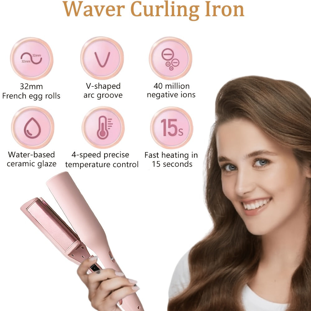 32mm Wave Curling Iron - Women's Hair Curler for Deep Curls & Instant Beach Waves, Professional Salon Styling Tool for All Hair Types