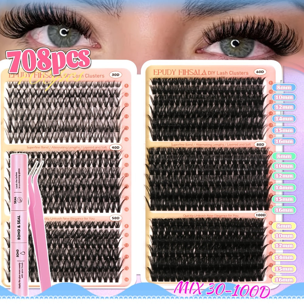 DIY Lash Clusters Gift Set 30D-100D Mixed Length Soft Fluffy Volume Cluster Lashes with Tweezers & Mascara