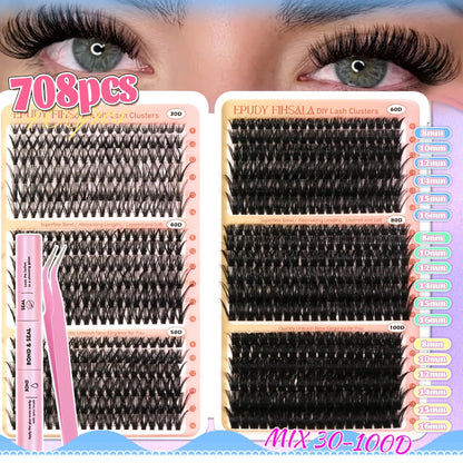 DIY Lash Clusters Gift Set 30D-100D Mixed Length Soft Fluffy Volume Cluster Lashes with Tweezers & Mascara