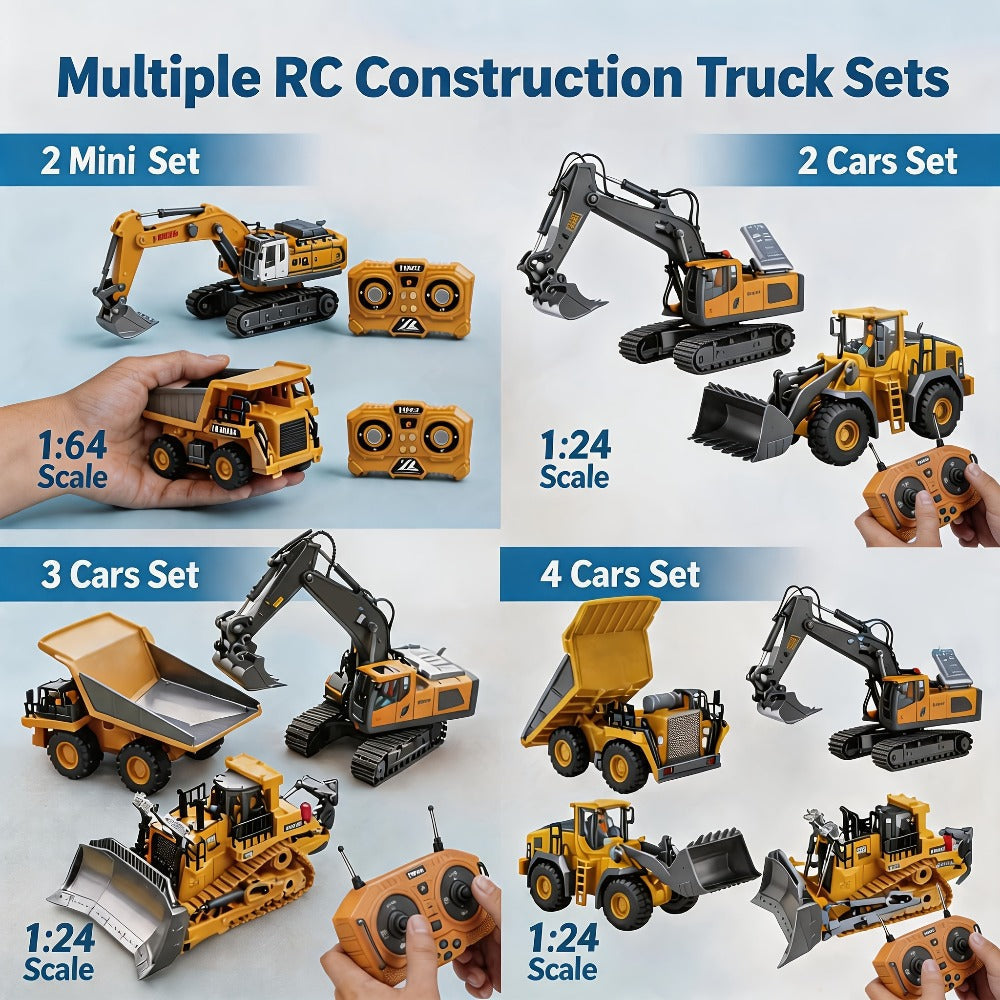 RC Construction Vehicle Set 2.4G 11-Channel Remote Control Excavator Dump Truck Bulldozer, 1:24 & 1:64 Alloy Engineering Toy