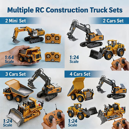 RC Construction Vehicle Set 2.4G 11-Channel Remote Control Excavator Dump Truck Bulldozer, 1:24 & 1:64 Alloy Engineering Toy