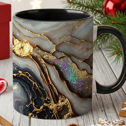 11oz Ceramic Coffee Mug with Agate Vein Print, Black Interior and Black, White or Pink Handle Options