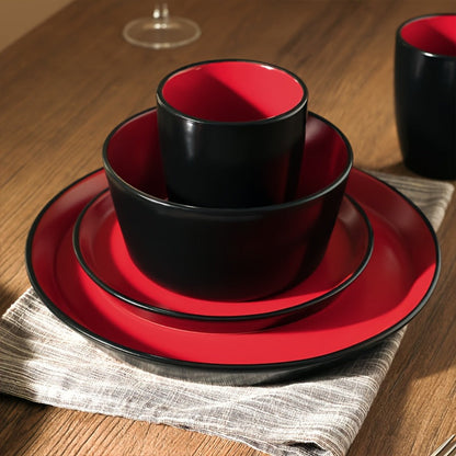 Dinnerware Set Options for Four with Round Plates, Bowls and Cups in Black, Red, Blue, Green or Floral Designs