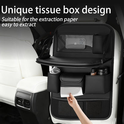 Car Backseat Organizer with Foldable Table Tray & Tablet Holder – PU Leather Seat Back Protector Kick Mat