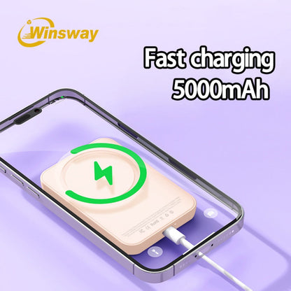 Power Bank Magnetic 5000mAh Mini with Wireless Charging, PD, QC3.0 and Eight Colors for Travel