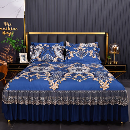 Ruffled Floral Bedspread Mat Set with Two Pillowcases, Twin to King Sizes and Four Pattern Choices