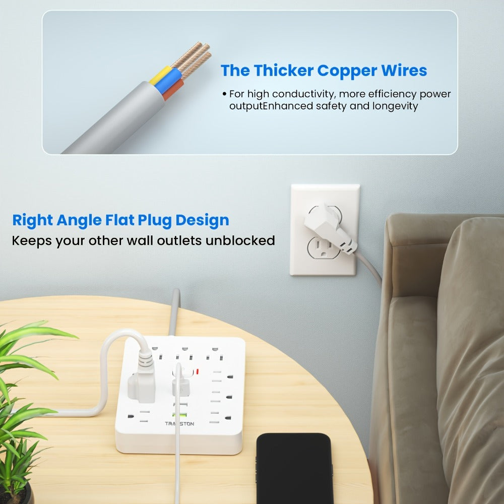 Power Strip with USB Ports, 12-in-1 with 45-Degree Angled Plug, 9 AC Outlets, 3 USB-A Ports and 10-Foot Extension Cord
