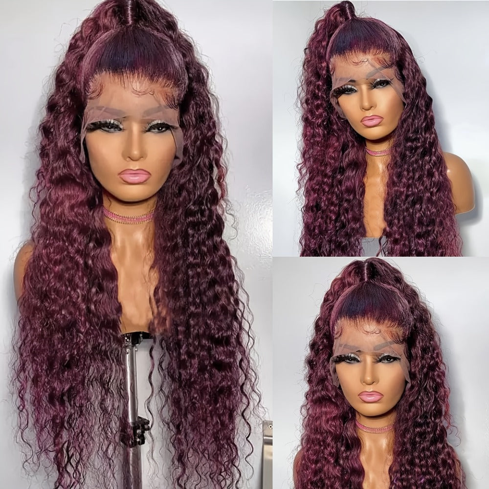 Lace Front Wig 99J Burgundy Deep Wave, 32-Inch Style with 200% Density, 13x4 Front and Four-Comb Cap