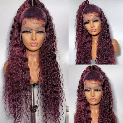 Lace Front Wig 99J Burgundy Deep Wave, 32-Inch Style with 200% Density, 13x4 Front and Four-Comb Cap