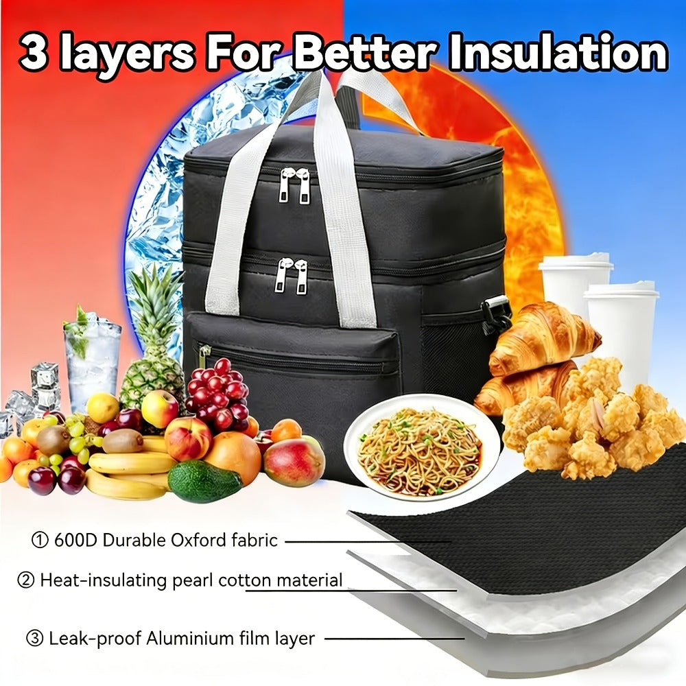 Double-Layer Lunch Bag Tote with Upper and Lower Compartments, Shoulder Strap and Four Colors