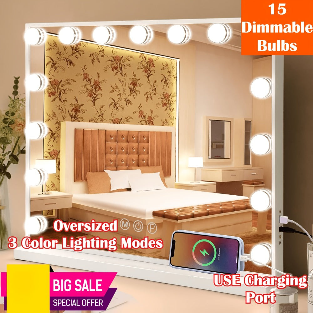 Hollywood Vanity Mirror with 15 Dimmable Bulbs, 23 x 18 Inch Frame, Three Light Colors and USB Port