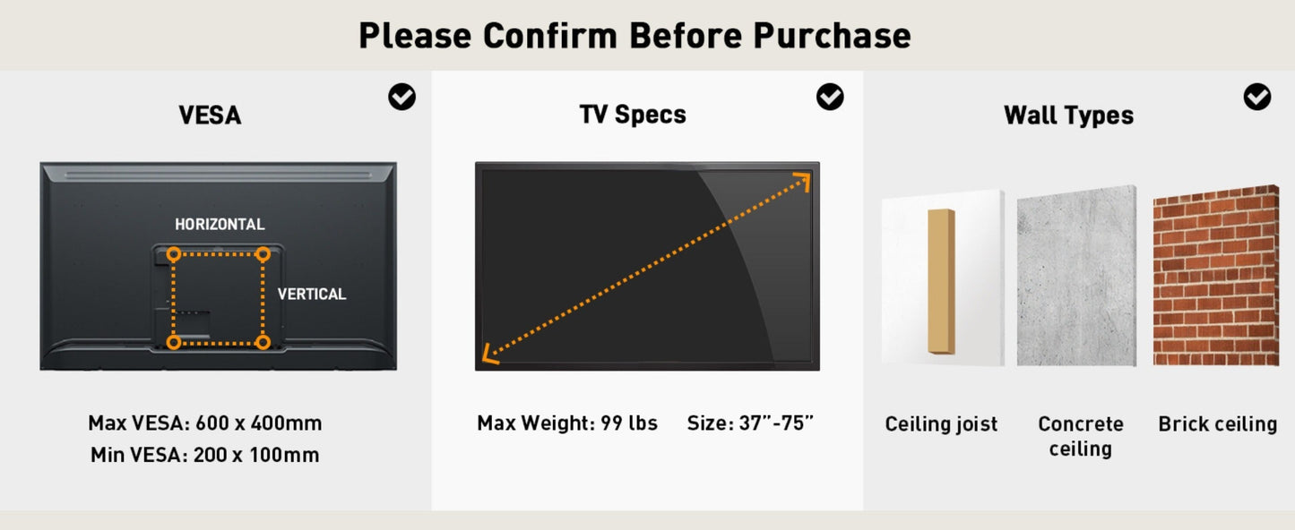 Ceiling TV Mount 37-75 Inch - 360° Swivel & Tilt Adjustable Bracket for Flat & Curved TVs up to, VESA 600x400mm