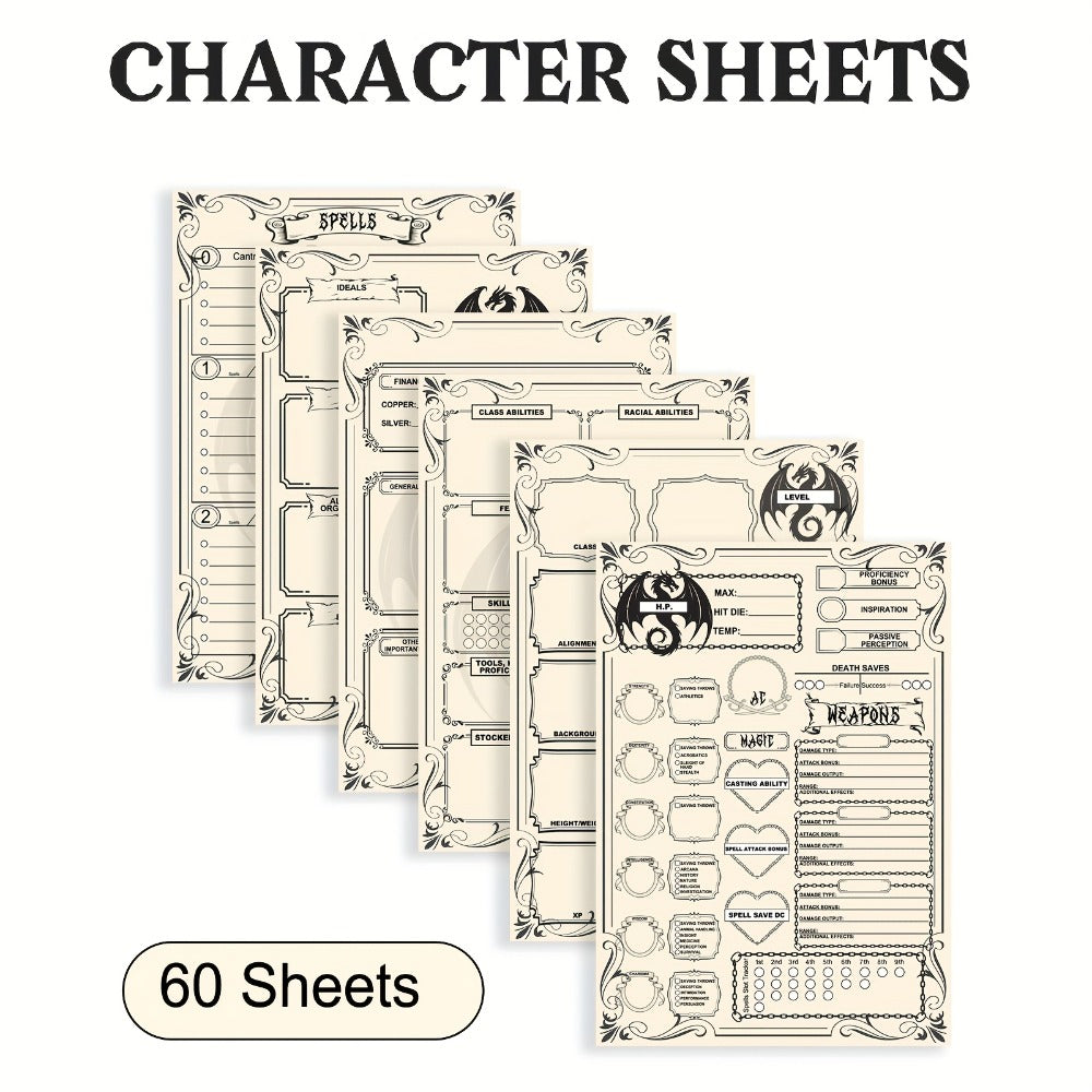 DnD 5e Character Sheet Set with Spell Tracker, A5 Player Journal for Dungeons & Dragons Campaigns