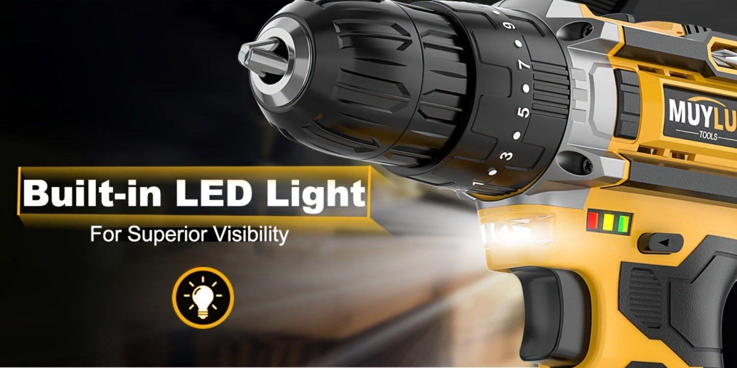 20V Cordless Drill Set Impact Power Drill 3/8 Inch Keyless Chuck 18+3 Clutch 45Nm Max Torque for Entryways, Bedrooms and Living Spaces