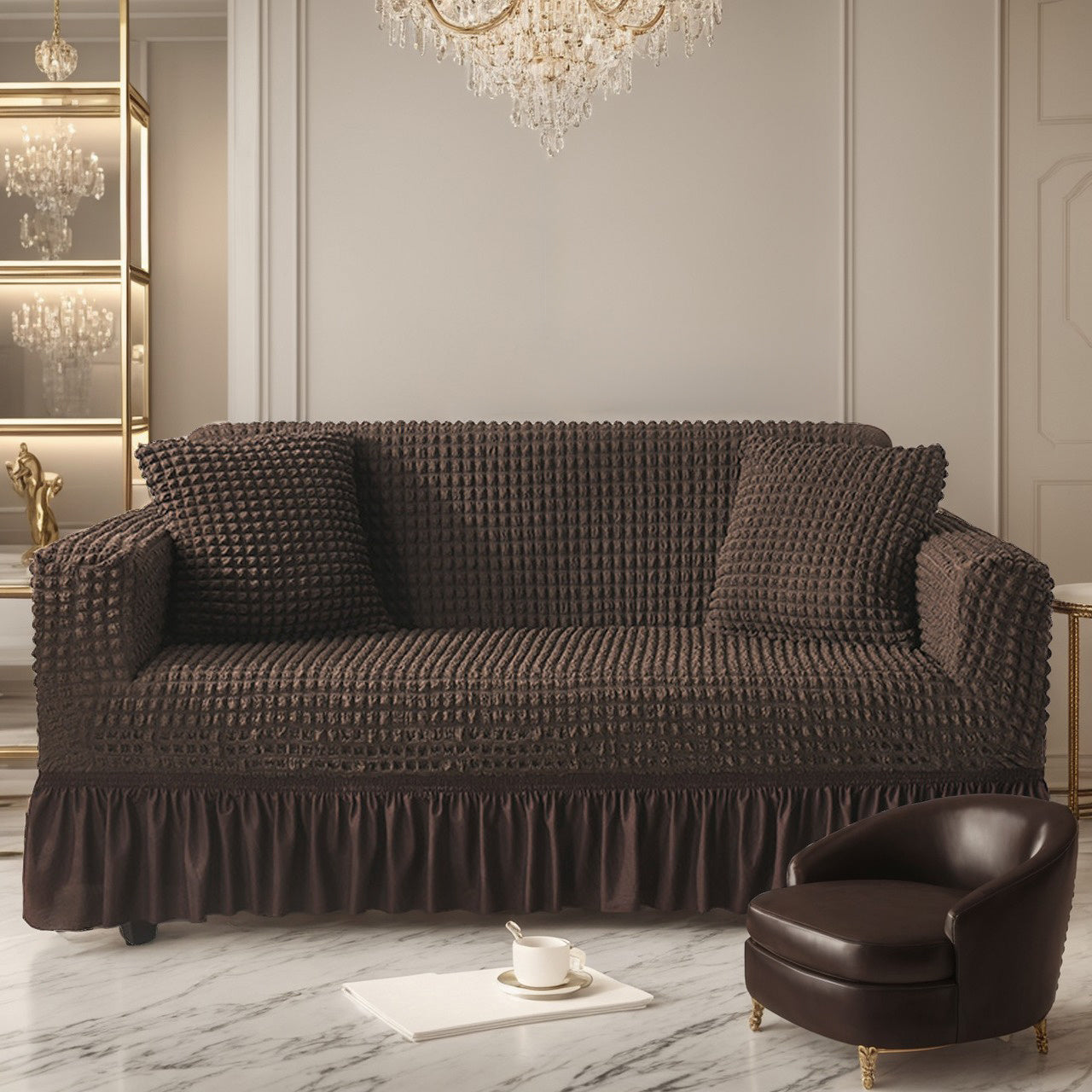 Sofa Cover High-Elasticity Seersucker Skirt Slipcover with Drawstring for 1 to 4-Seater Sofas in Eight Colors