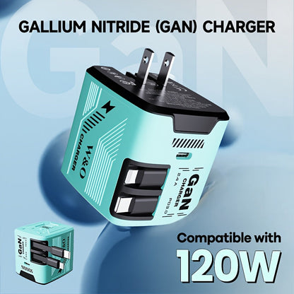 Dual Cable GaN Charger 120W with Built-In 47in Type-C & Lightning Retractable Cables, Foldable Plug – Tangle-Free Fast Charging USB-C Wall