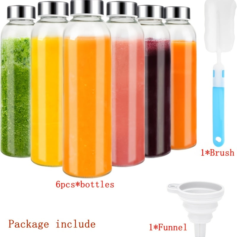 Glass Water Bottles with Lids 6 Pack 18oz – Reusable Leak-Proof Juice Bottles with Stainless Steel Caps for Smoothies