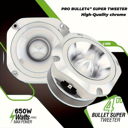 4 Inch Bullet Tweeter 600W Aluminum Frame – 6 Ohm Chrome HiFi Super Tweeter for Car Audio System, Stereo High-Frequency Speaker