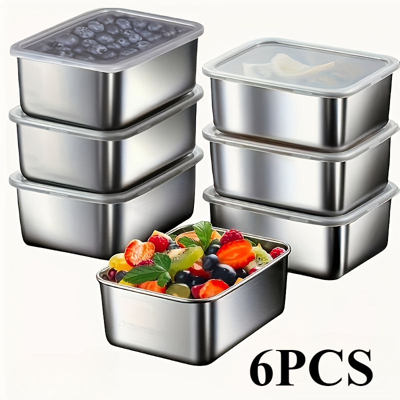 Food Storage Containers with Lids, Six-Piece Stainless Steel Square Set with Fitted Lids and Nested Storage Design
