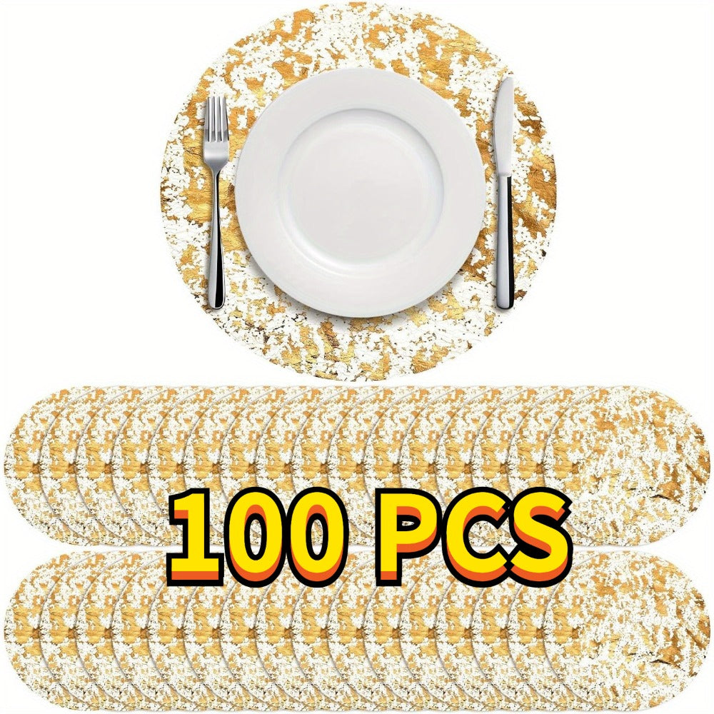 Golden Foil Round Placemats Disposable Table Doilies 50/100pcs – Elegant Mesh Table Pad for Dining, Party & Home Decor
