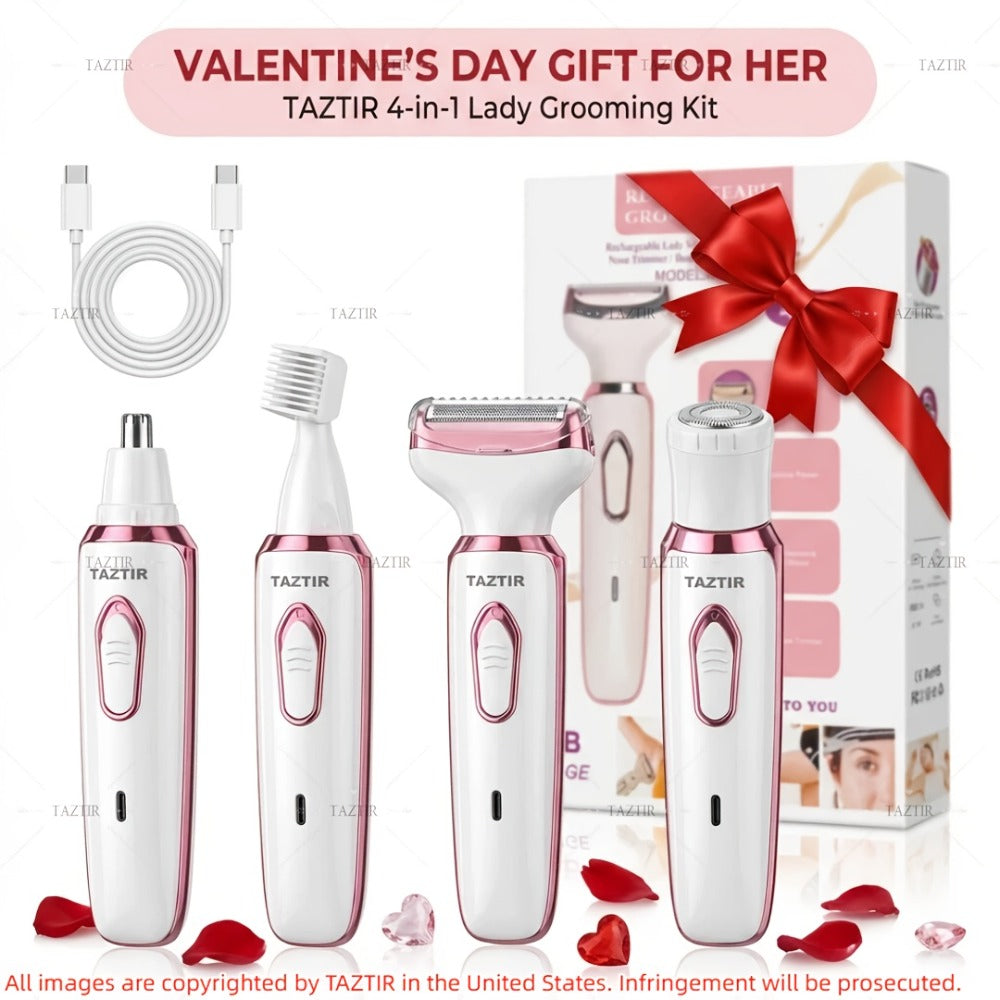 4-in-1 Electric Shaver for Women Rechargeable Wet & Dry Painless – Face Nose Legs Underarm Bikini Trimmer Portable Cordless Grooming Kit